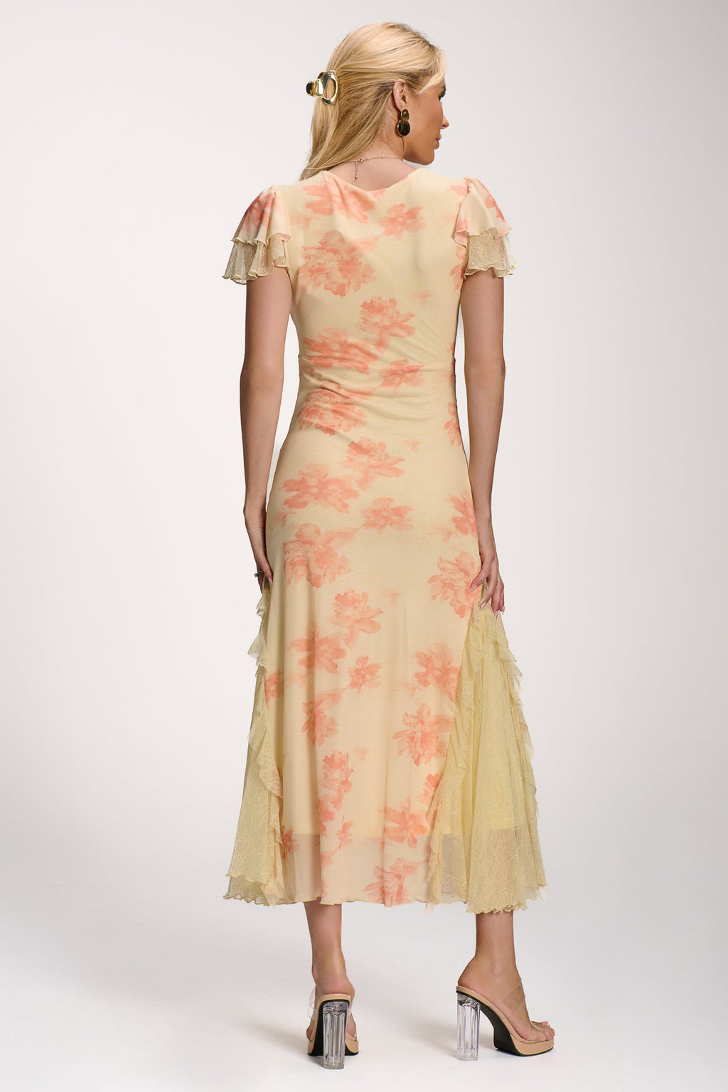 Lace Insert Mesh Midi Dress, Orange Abstract for Women - gallery