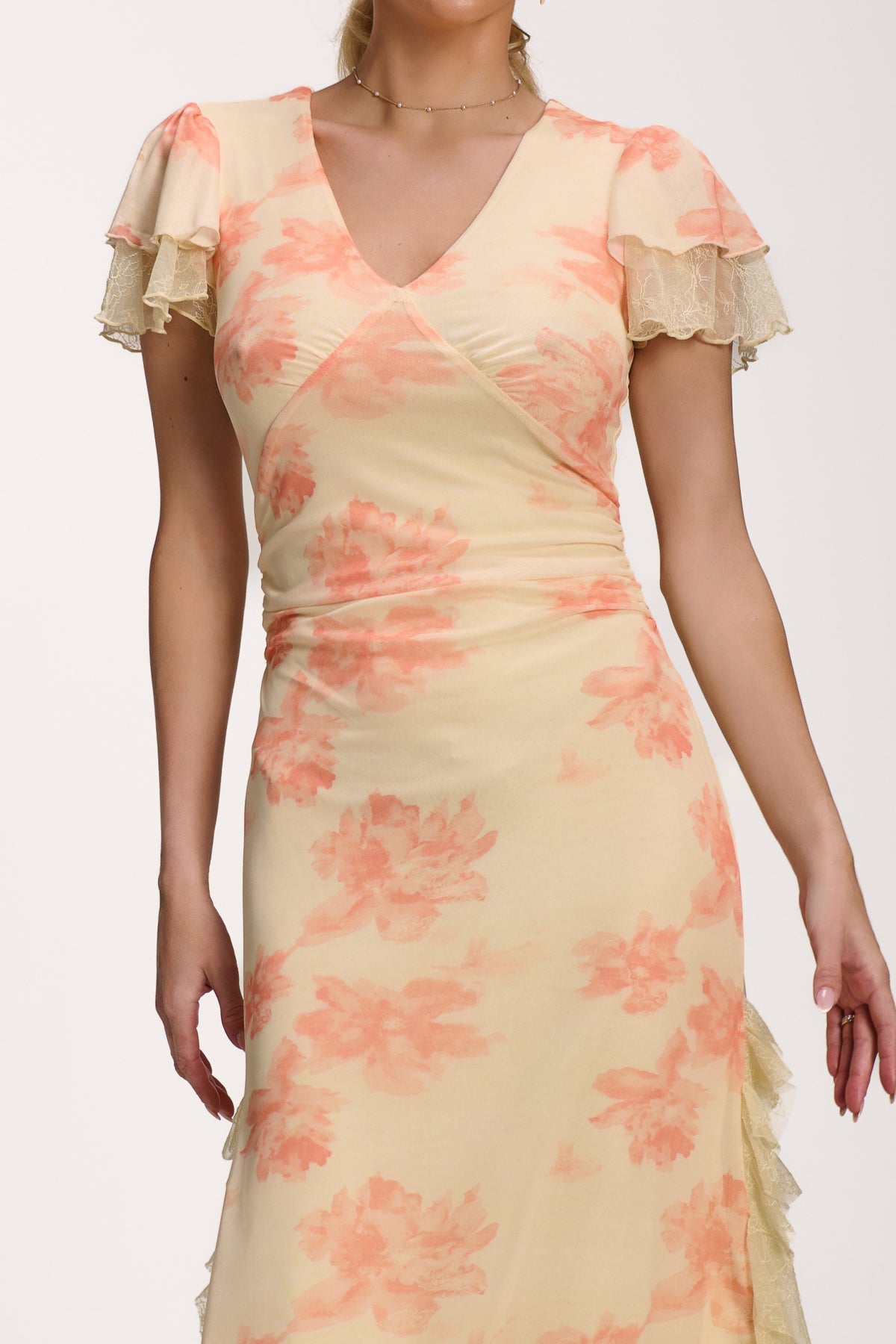 Lace Insert Mesh Midi Dress, Orange Abstract for Women - gallery