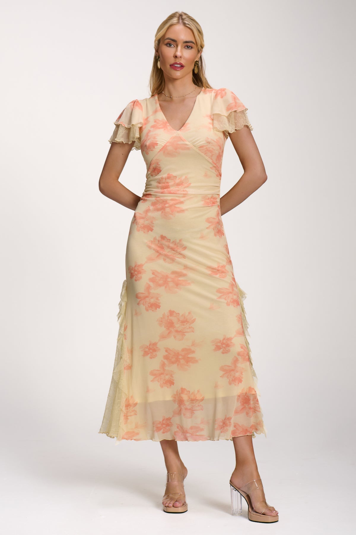 Lace Insert Mesh Midi Dress, Orange Abstract for Women - gallery