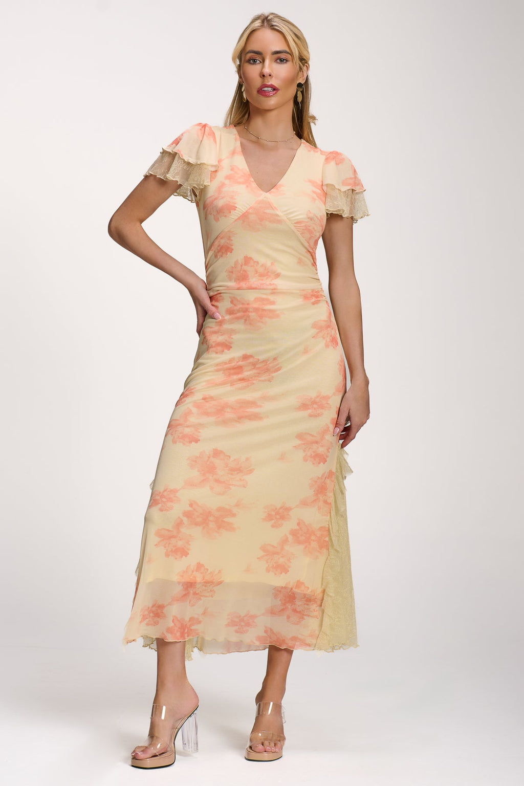 Lace Insert Mesh Midi Dress, Orange Abstract for Women - gallery