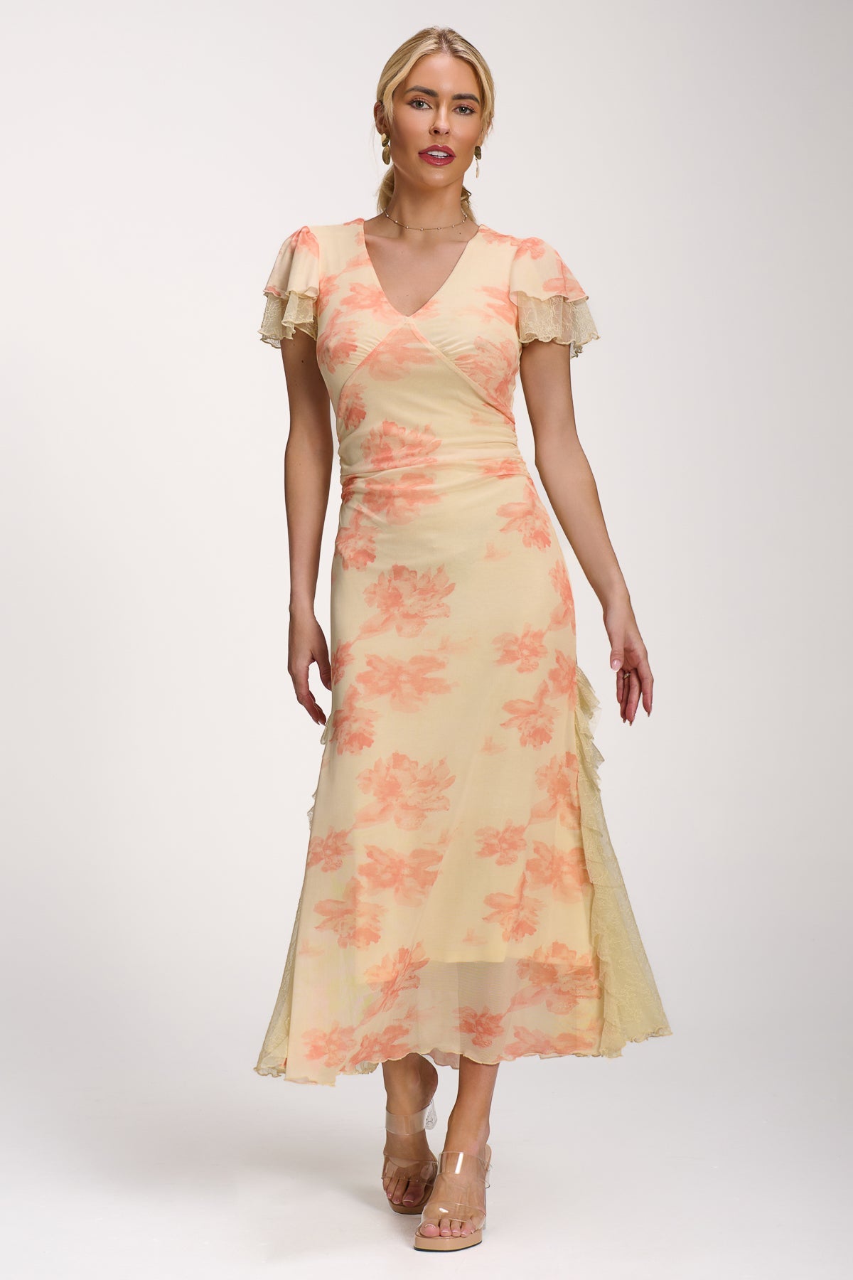 Lace Insert Mesh Midi Dress, Orange Abstract for Women - gallery