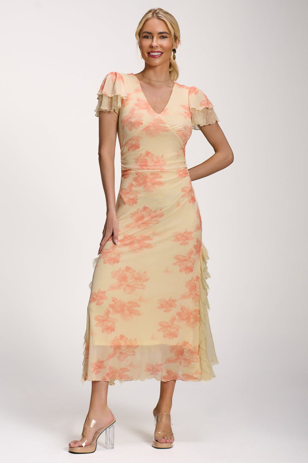 Lace Insert Mesh Midi Dress, Orange Abstract for Women - gallery