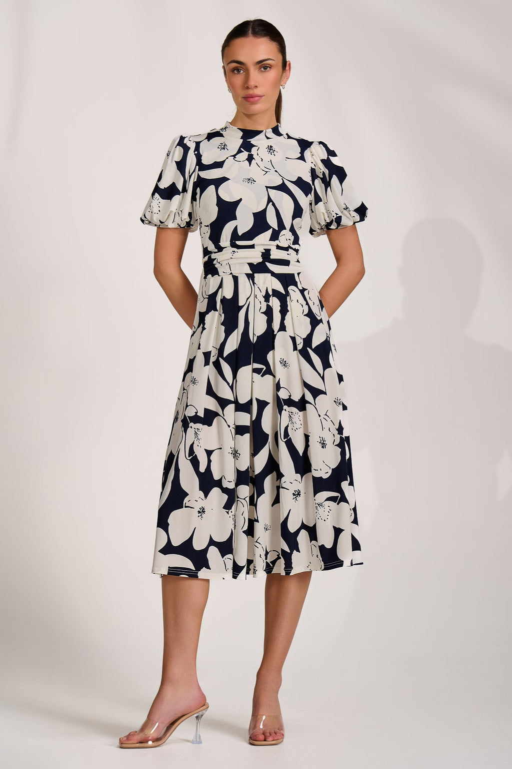 Turtle Neck Puff Sleeve Jersey Midi Dress, Navy Floral for Women