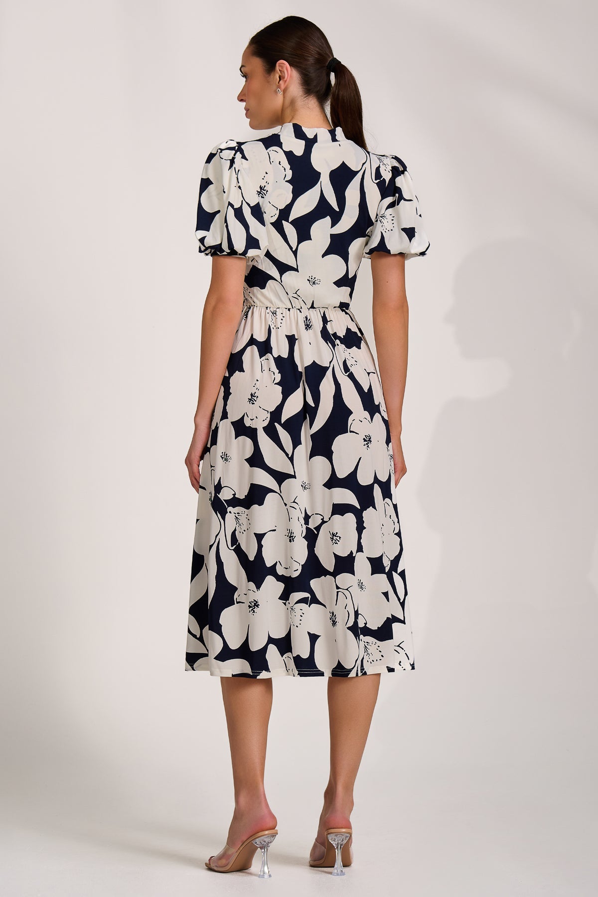 Turtle Neck Puff Sleeve Jersey Midi Dress, Navy Floral for Women - gallery