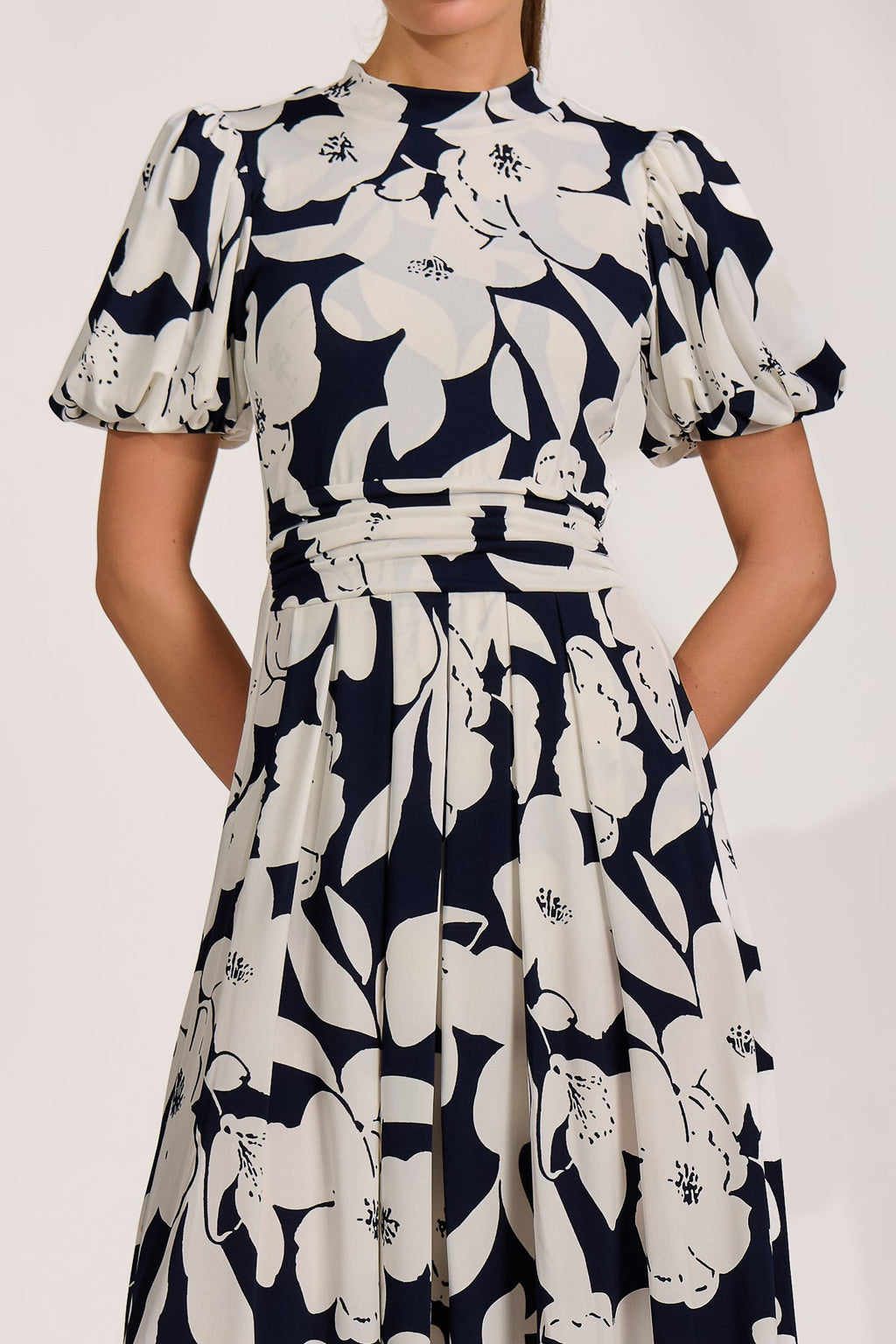Turtle Neck Puff Sleeve Jersey Midi Dress, Navy Floral for Women - gallery