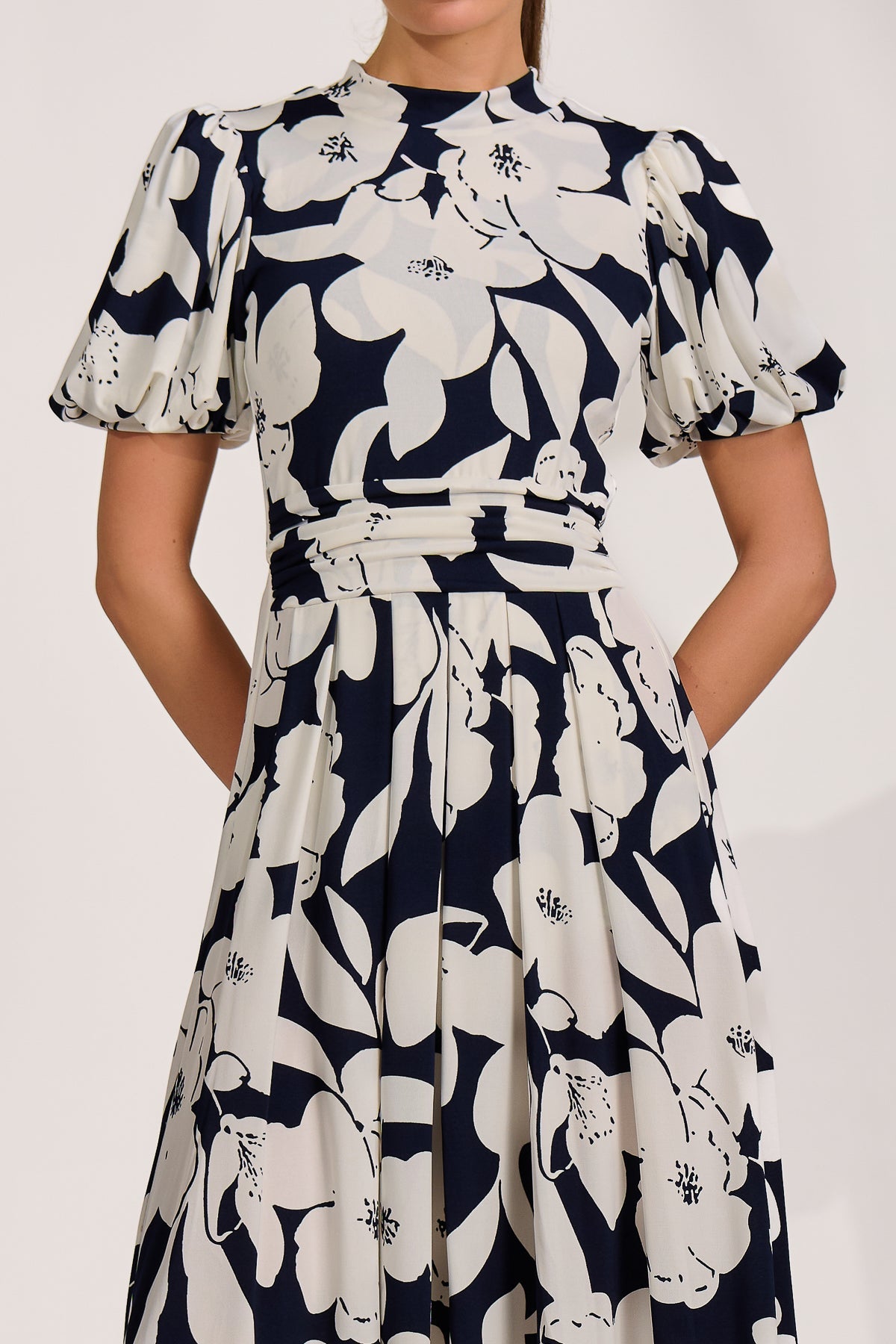 Turtle Neck Puff Sleeve Jersey Midi Dress, Navy Floral for Women - gallery