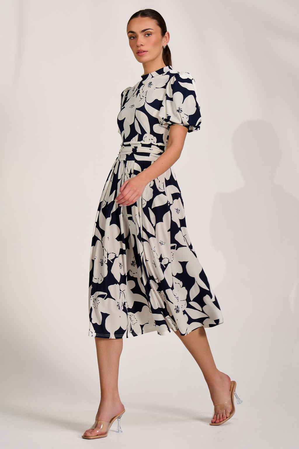 Turtle Neck Puff Sleeve Jersey Midi Dress, Navy Floral for Women - gallery