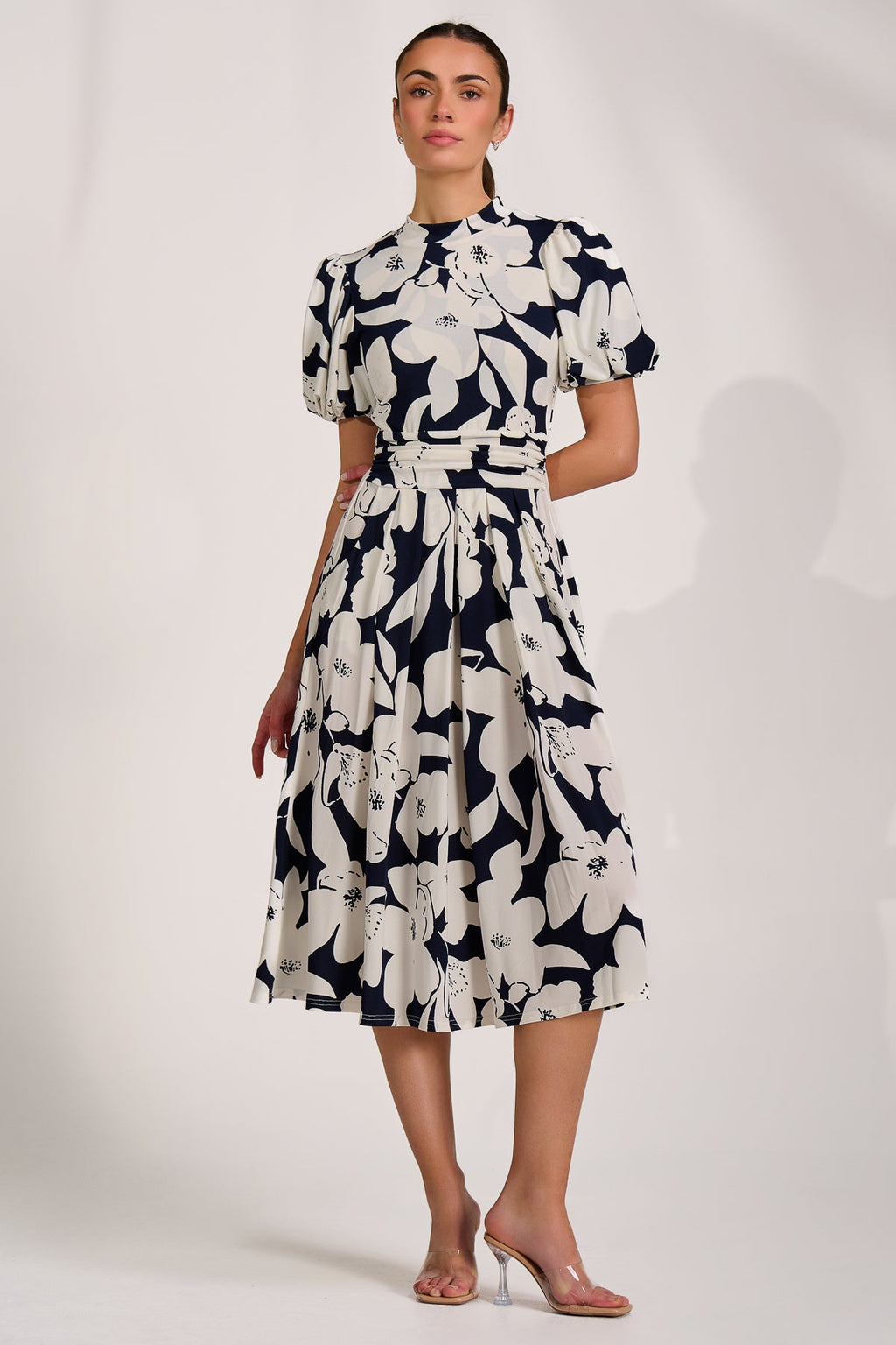 Turtle Neck Puff Sleeve Jersey Midi Dress, Navy Floral for Women - gallery