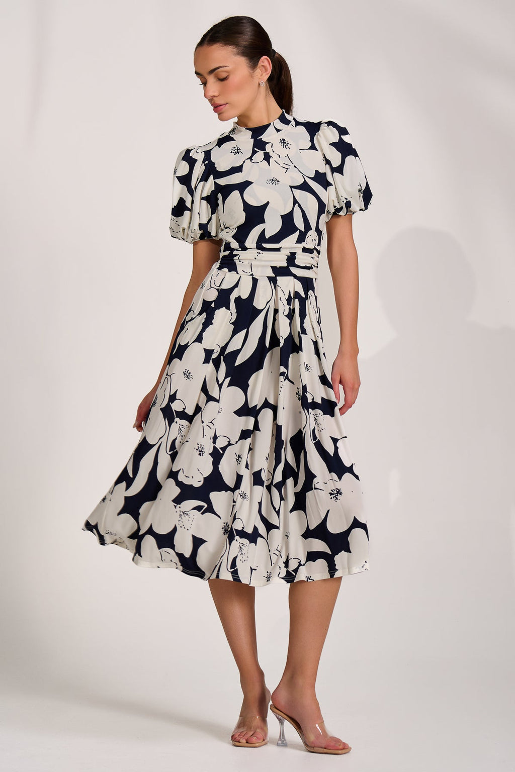 Turtle Neck Puff Sleeve Jersey Midi Dress, Navy Floral for Women - gallery