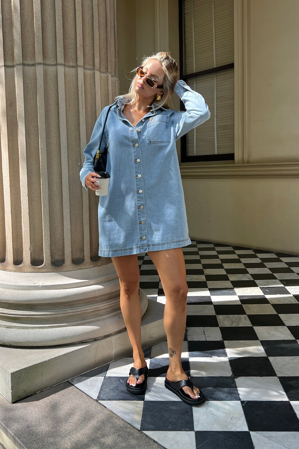 Light Blue Wash Cotton Mini Dress for Women — Classic Collar - gallery