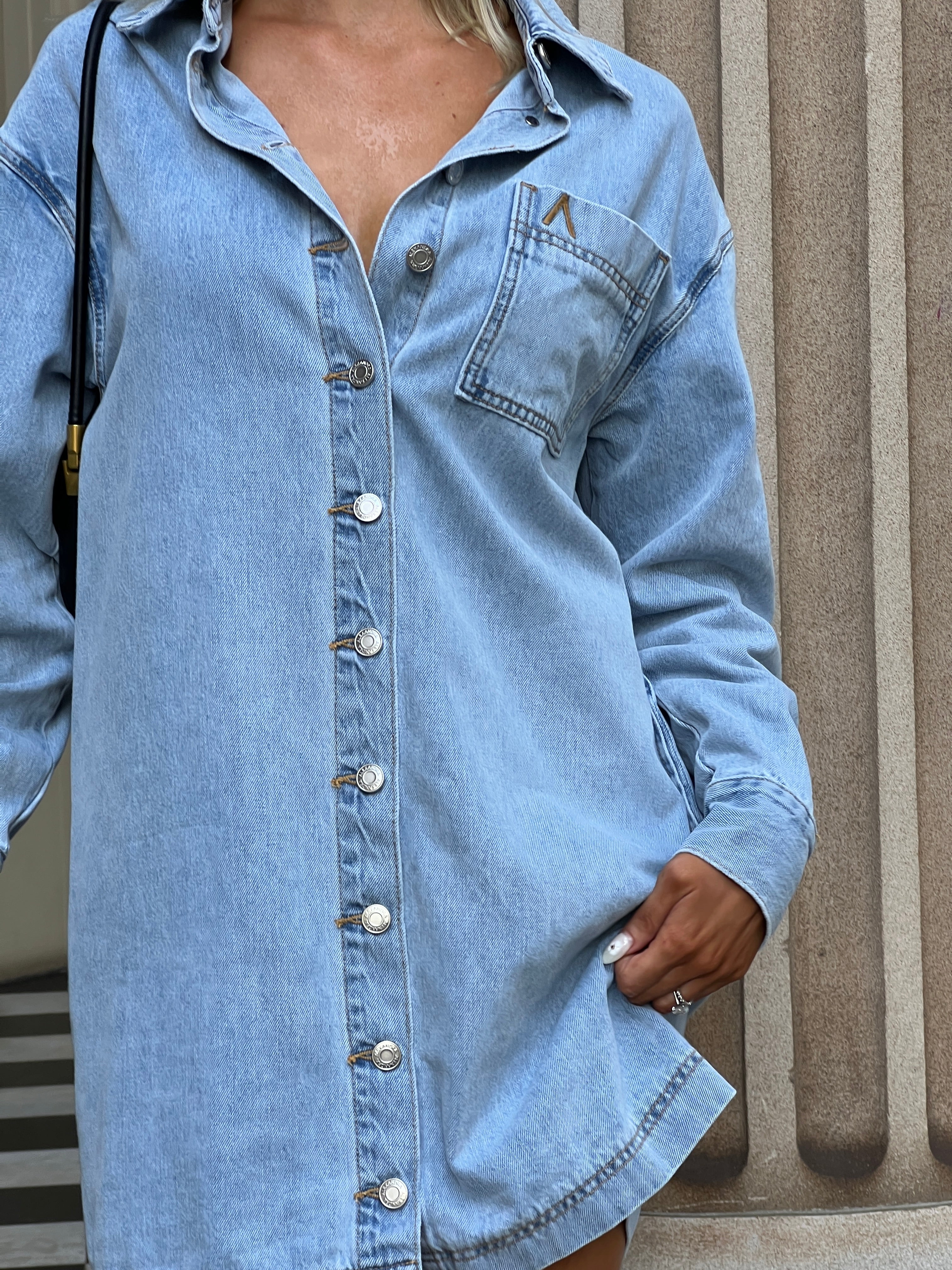 Light Blue Wash Cotton Mini Dress for Women — Classic Collar - gallery