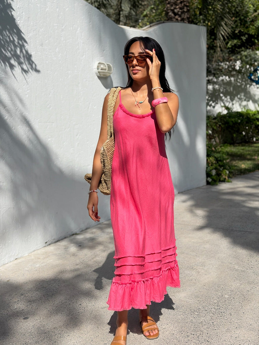 Raspberry Linen Frayed-Edge Maxi Dress for Women — Pleated Hem - gallery