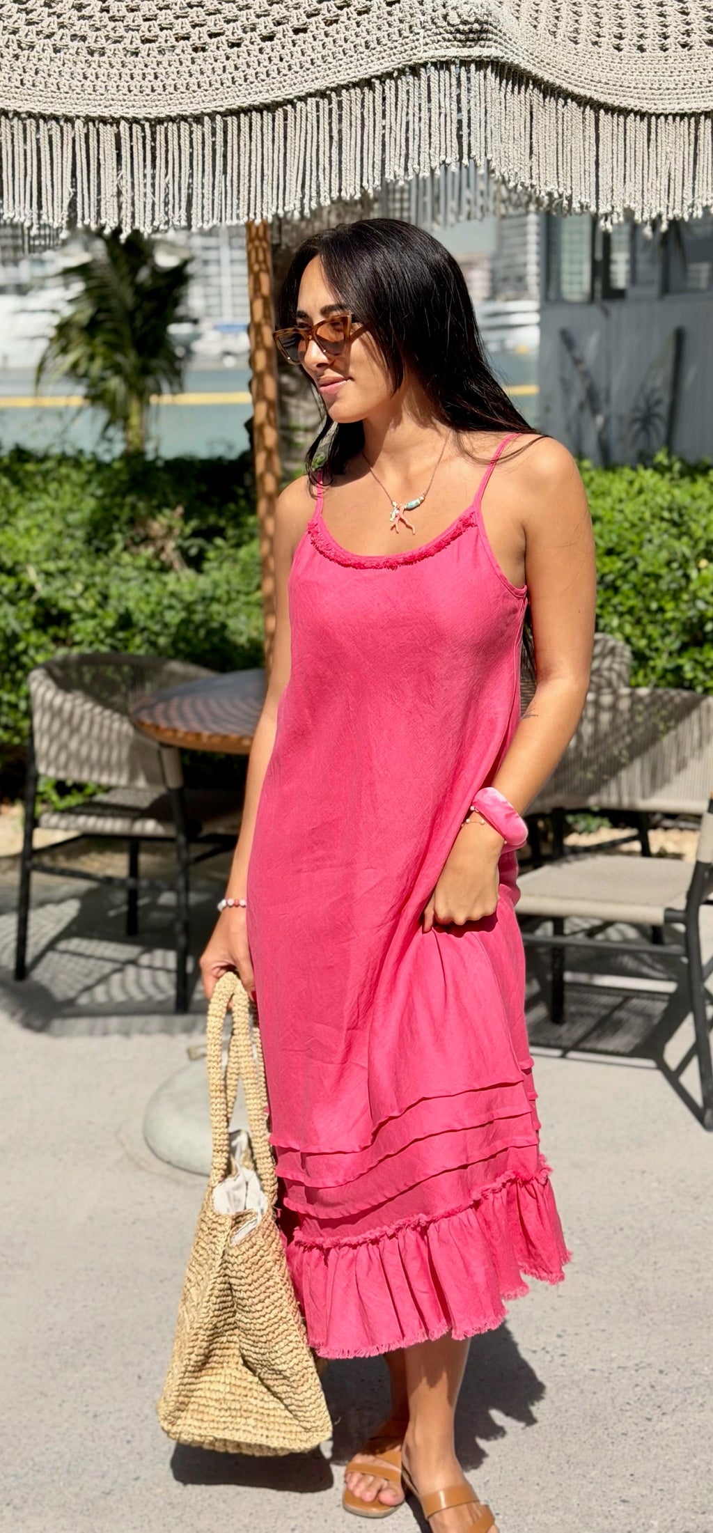 Raspberry Linen Frayed-Edge Maxi Dress for Women — Pleated Hem - gallery