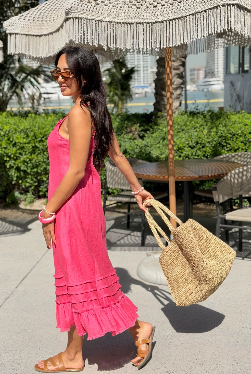 Raspberry Linen Frayed-Edge Maxi Dress for Women — Pleated Hem - gallery