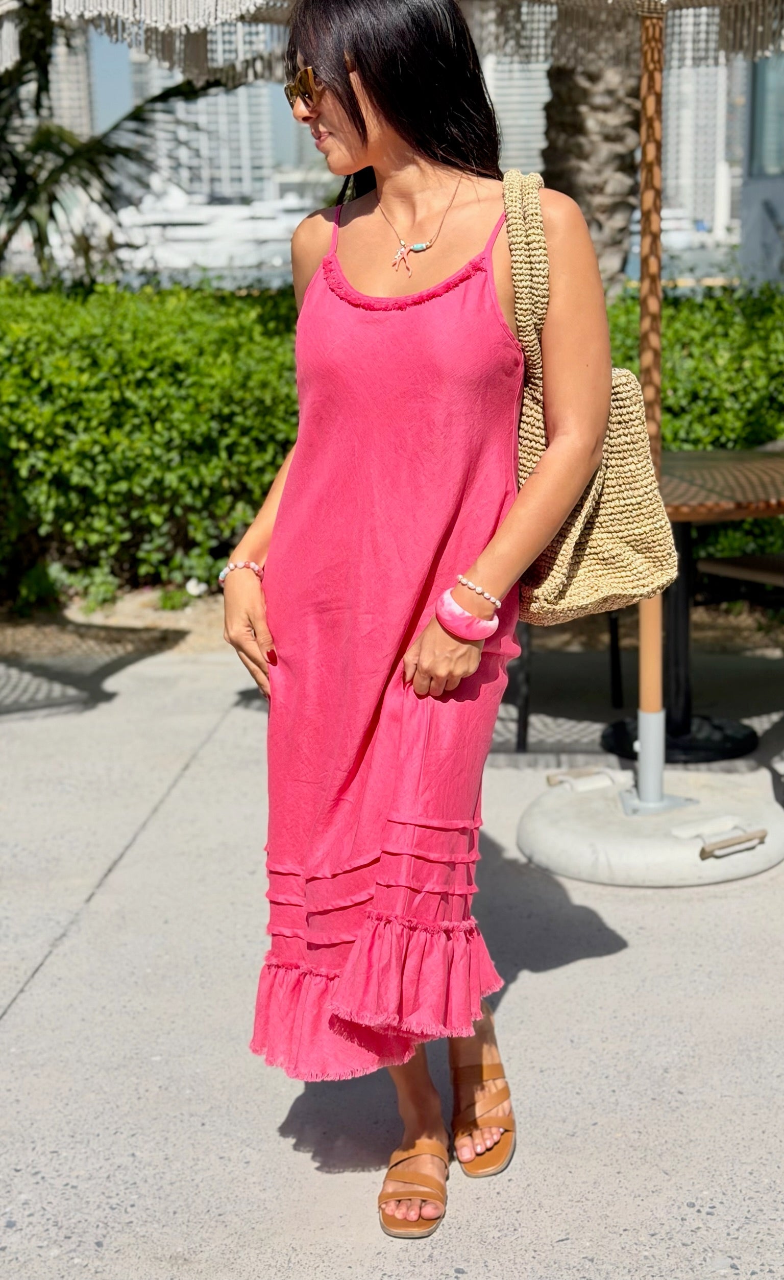 Raspberry Linen Frayed-Edge Maxi Dress for Women — Pleated Hem