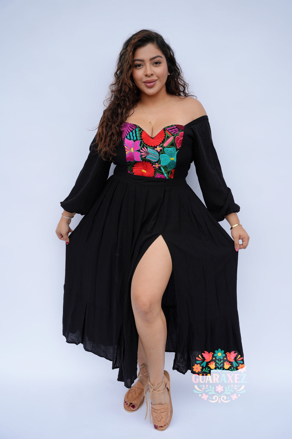 Artisan Long-Sleeve Dress for Women — Black Embroidered