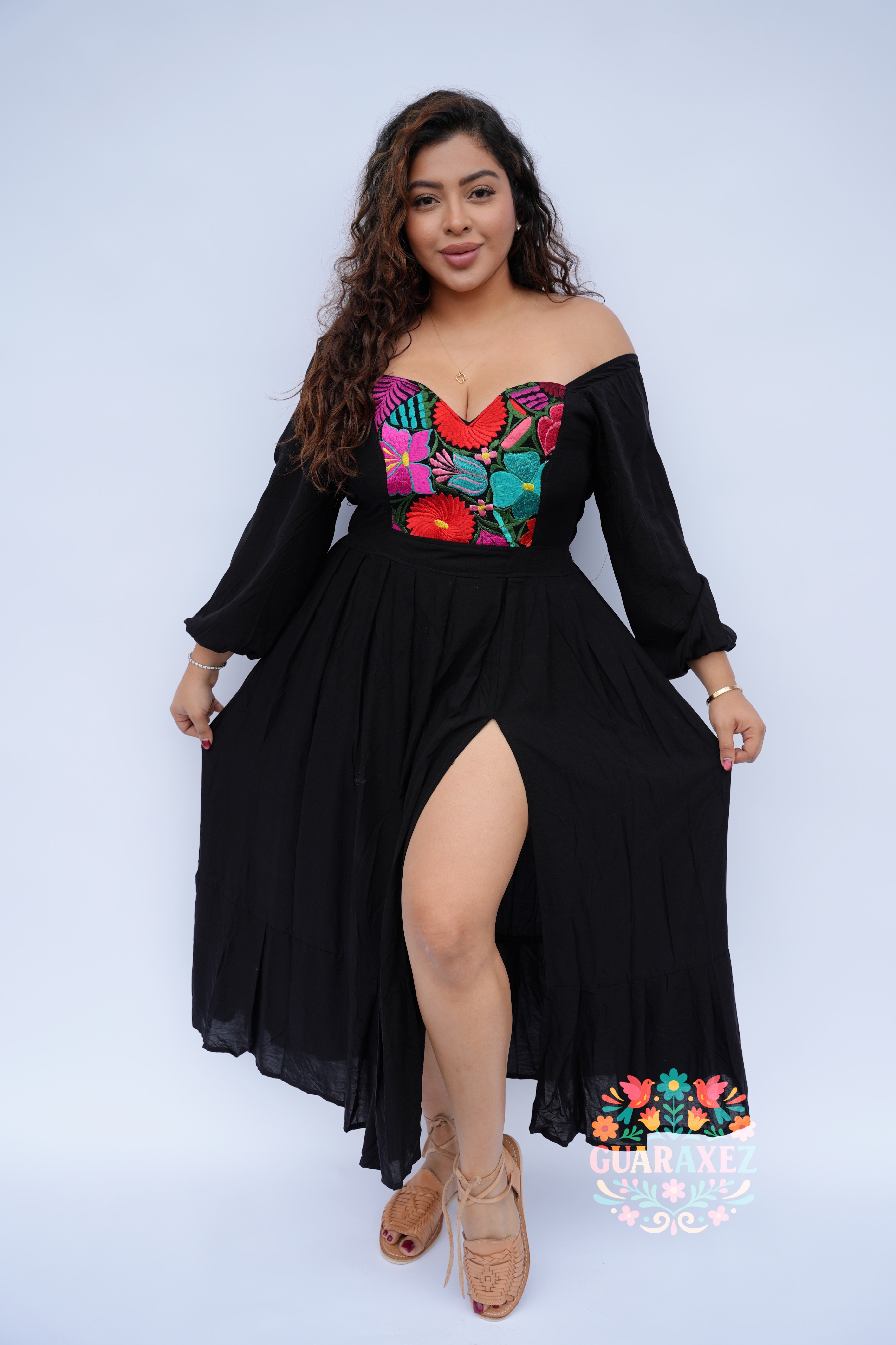 Artisan Long-Sleeve Dress for Women — Black Embroidered