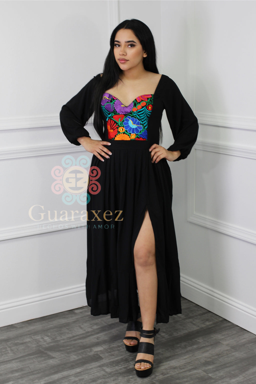 Artisan Long-Sleeve Dress for Women — Black Embroidered - gallery