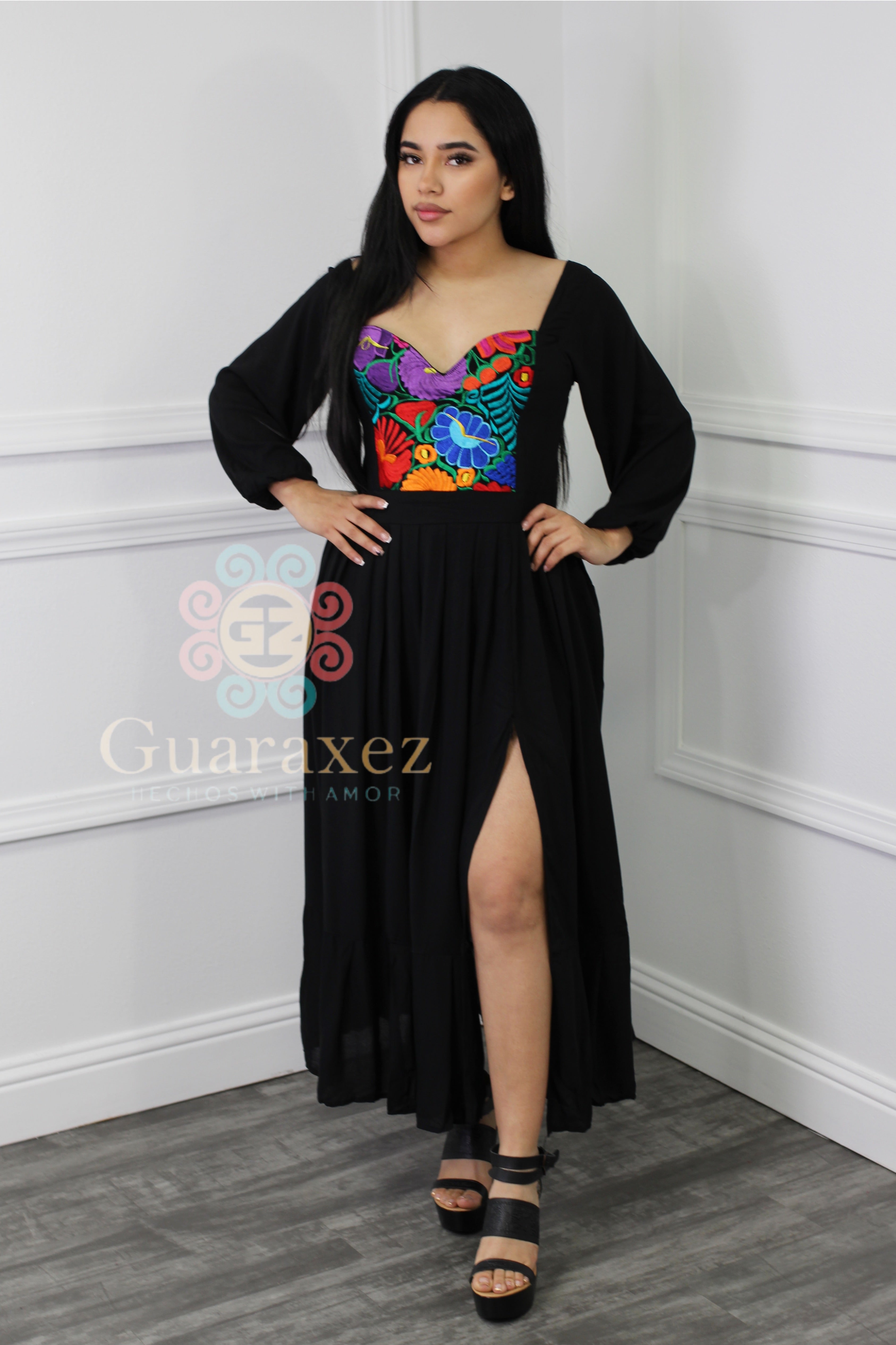 Artisan Long-Sleeve Dress for Women — Black Embroidered - gallery