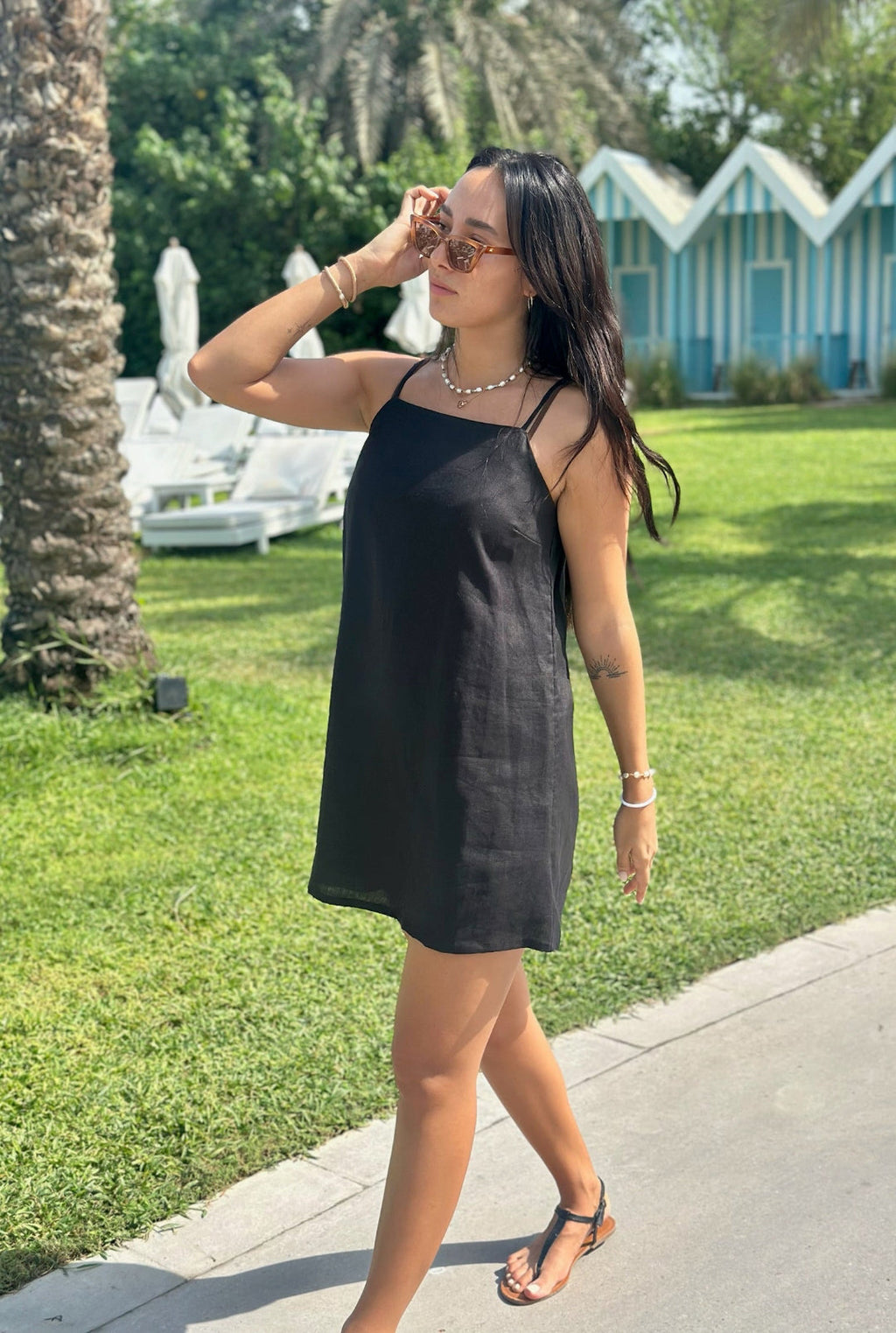 Black Linen Shift Dress for Women — Spaghetti Straps Back Zip - gallery