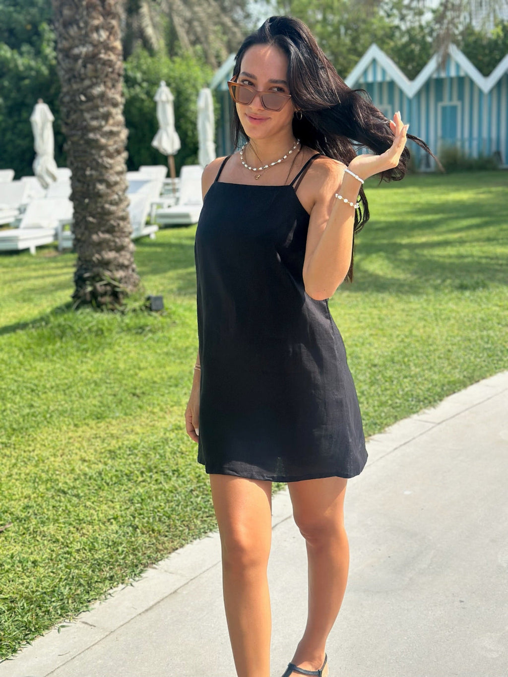 Black Linen Shift Dress for Women — Spaghetti Straps Back Zip