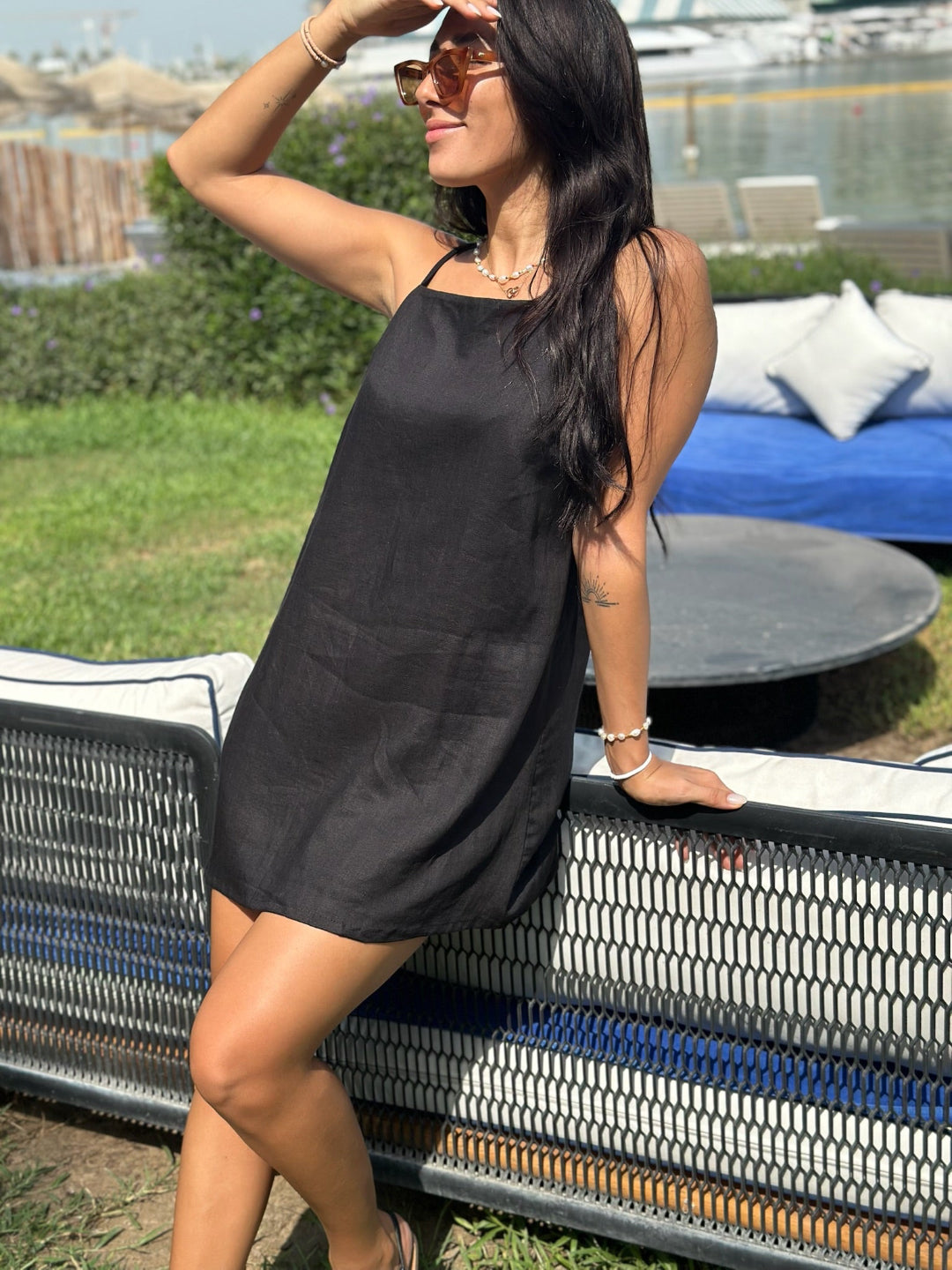 Black Linen Shift Dress for Women — Spaghetti Straps Back Zip - gallery