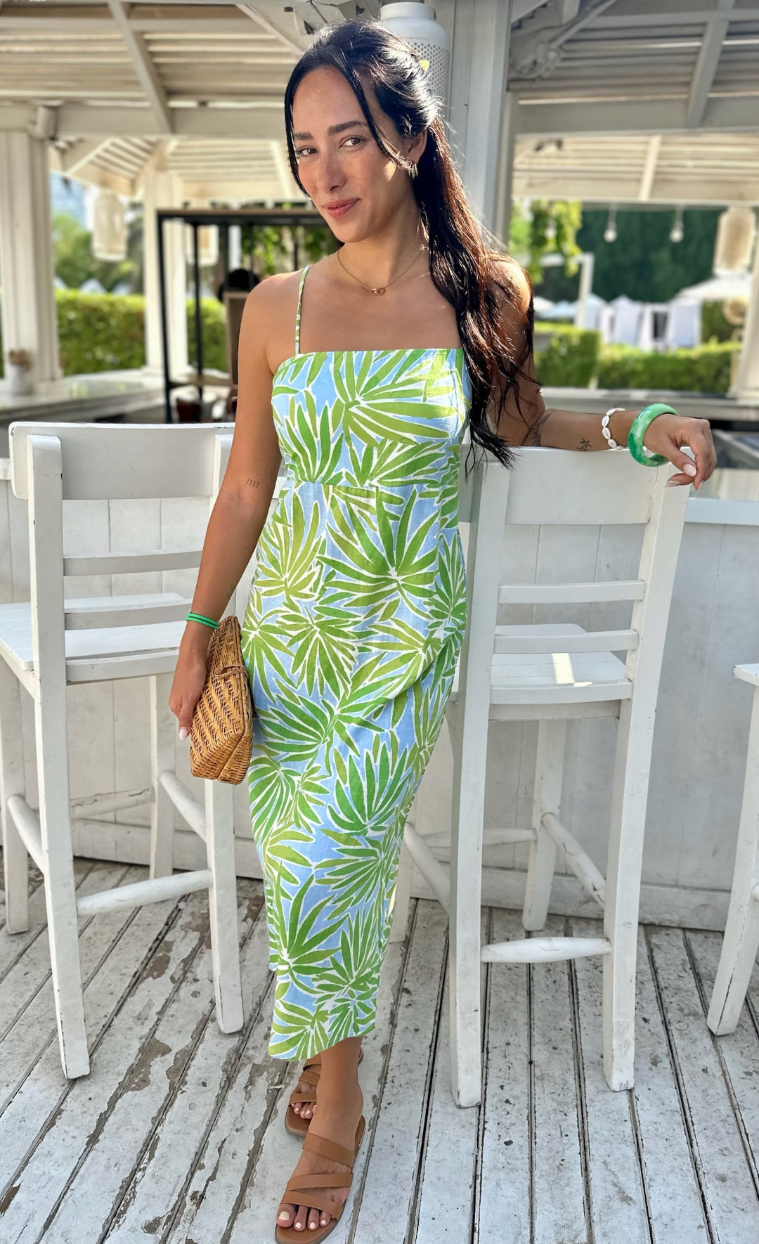 Palm Print Linen Dress for Women — Tropical Green Blue - gallery