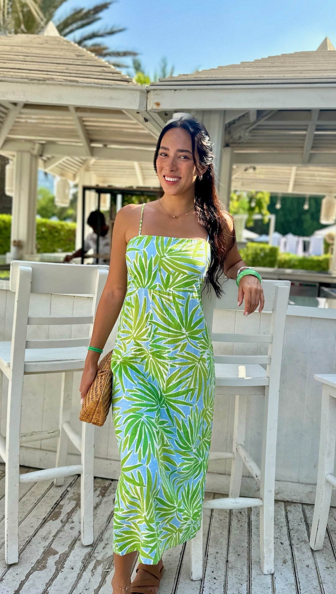 Palm Print Linen Dress for Women — Tropical Green Blue