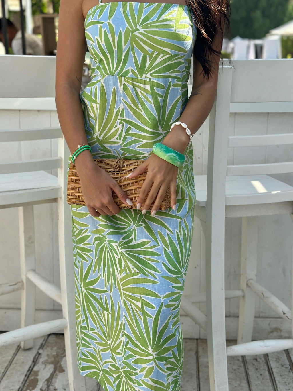 Palm Print Linen Dress for Women — Tropical Green Blue - gallery