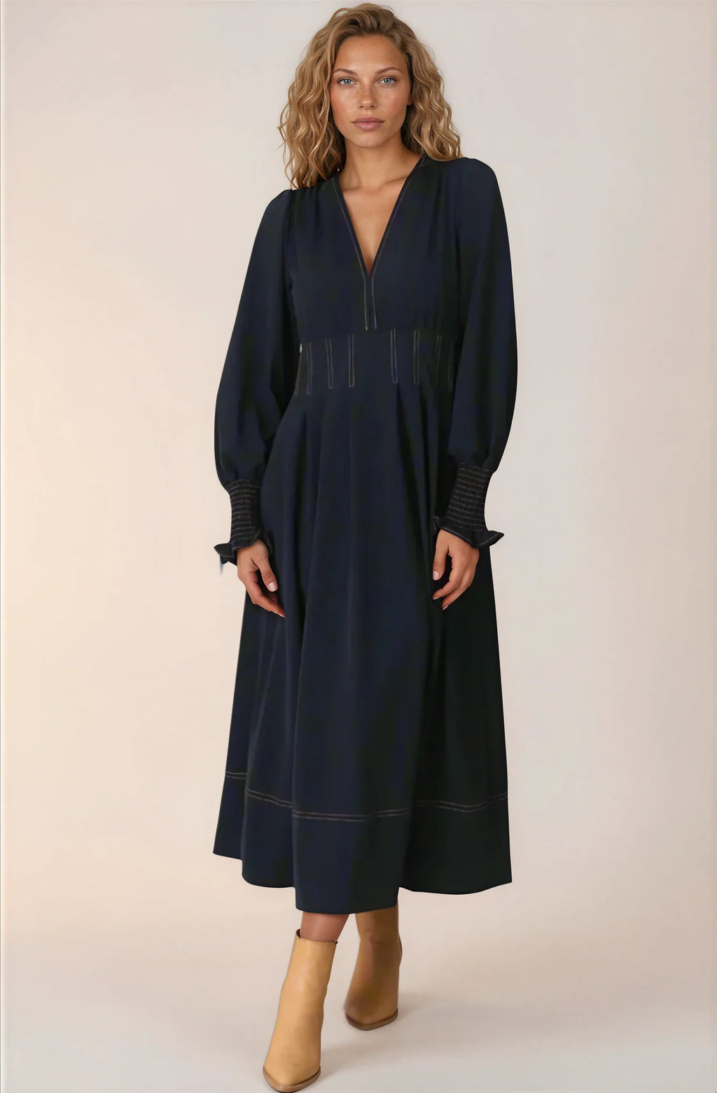 Karey Midi Dress - Dark Denim Fit and Flare Contrast Stitching Midi Dress — gallery