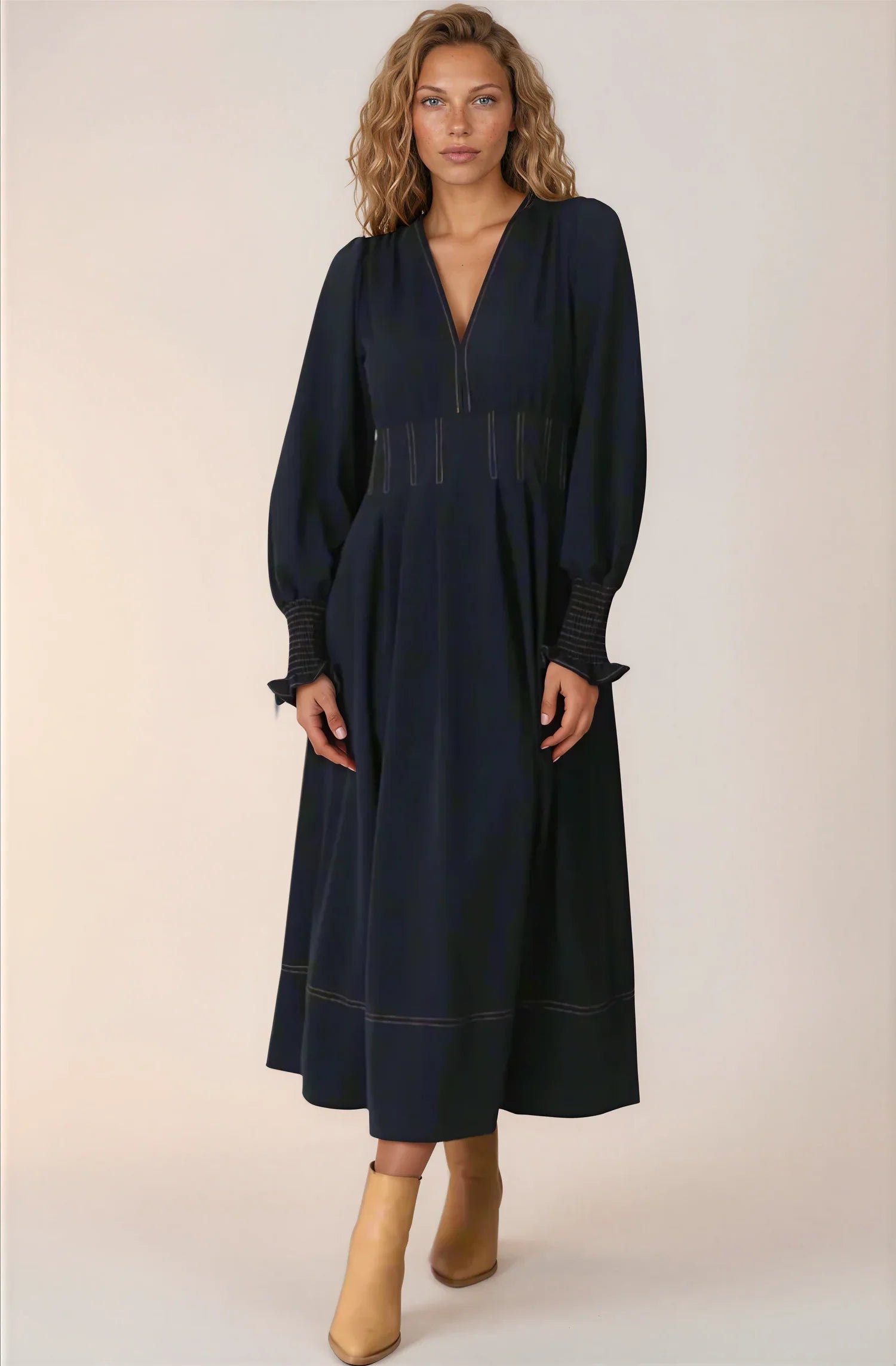 Karey Midi Dress - Dark Denim Fit and Flare Contrast Stitching Midi Dress — gallery
