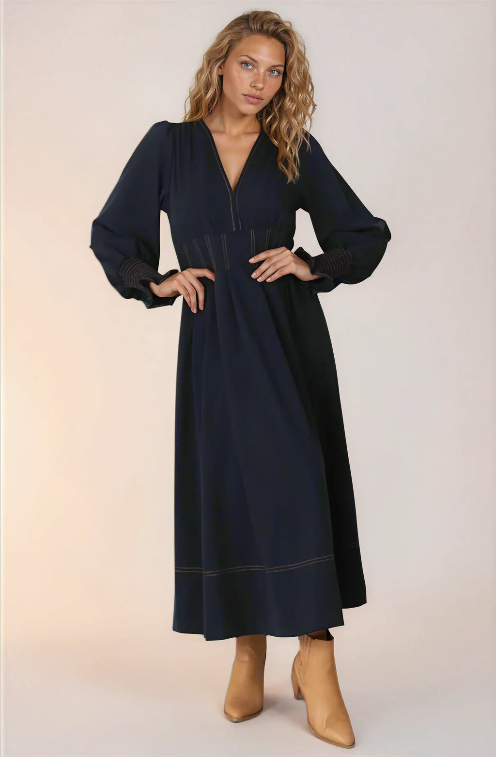 Karey Midi Dress - Dark Denim Fit and Flare Contrast Stitching Midi Dress — gallery