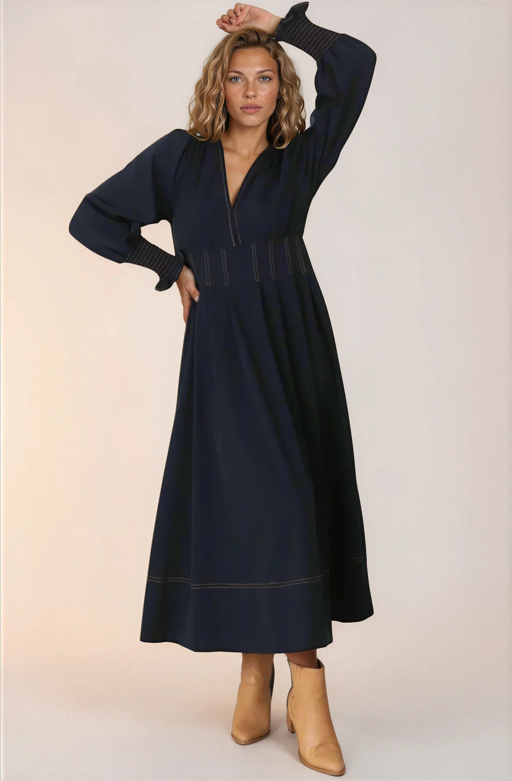 Karey Midi Dress - Dark Denim Fit and Flare Contrast Stitching Midi Dress — gallery