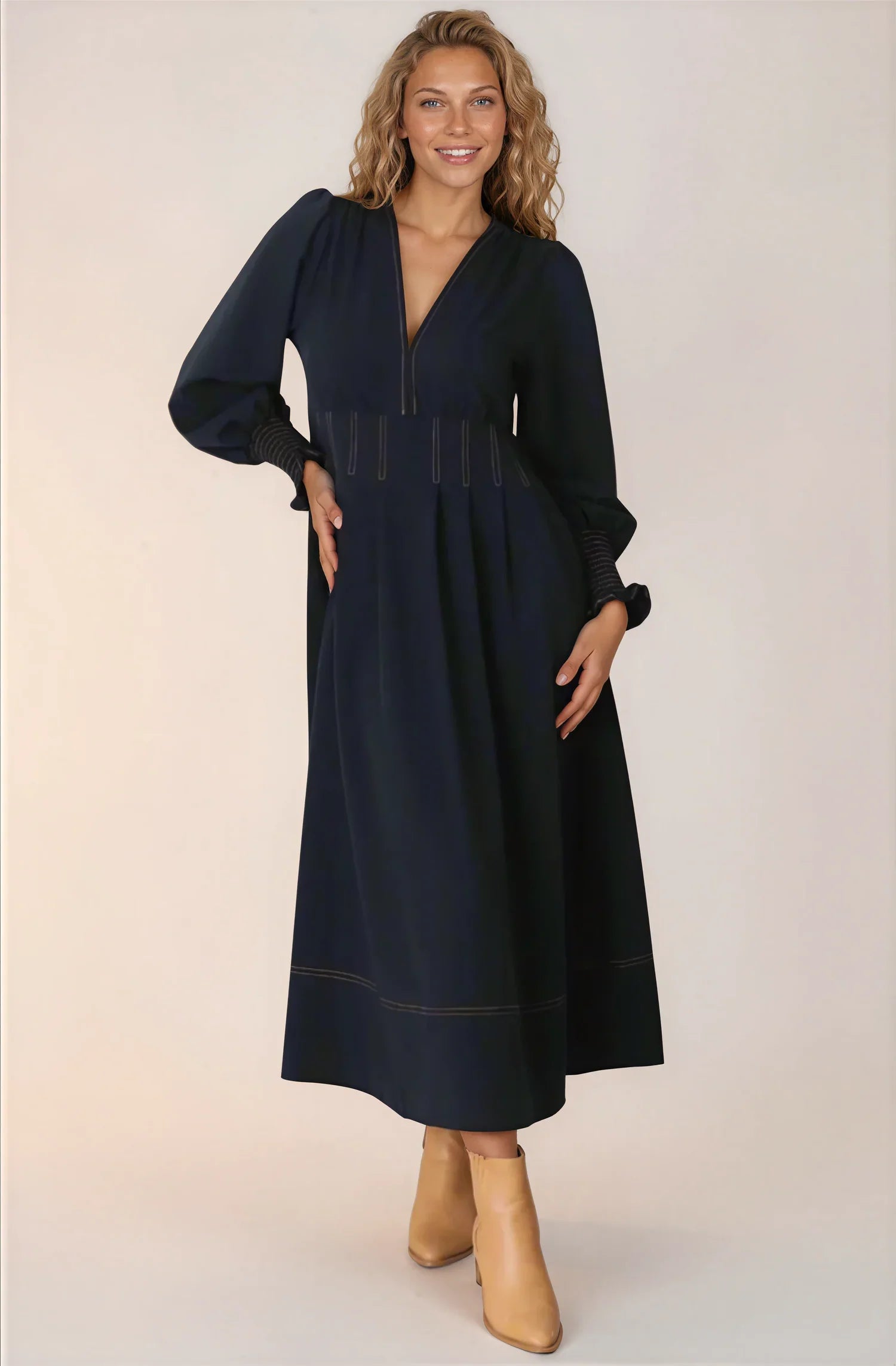 Karey Midi Dress - Dark Denim Fit and Flare Contrast Stitching Midi Dress