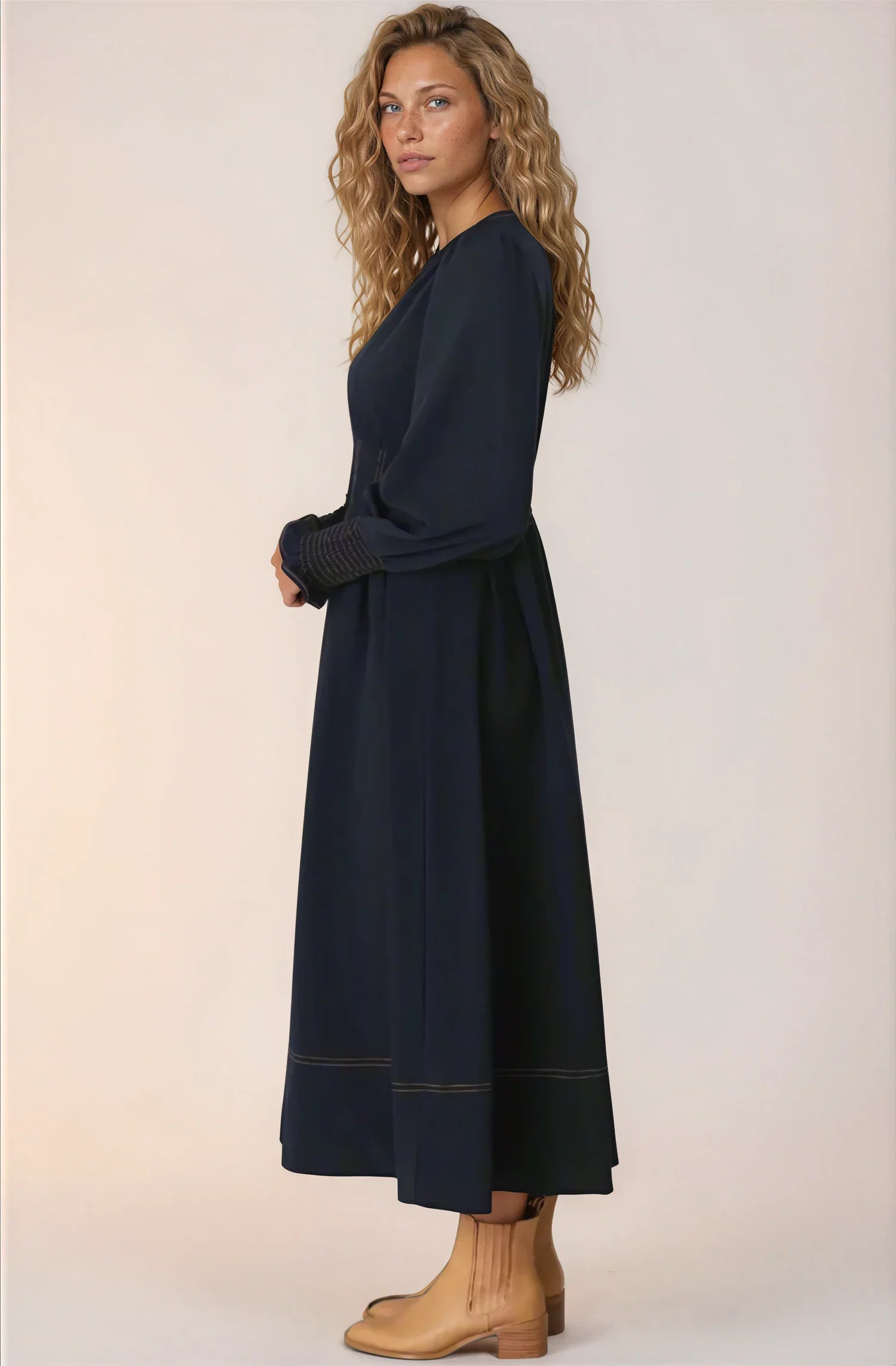 Karey Midi Dress - Dark Denim Fit and Flare Contrast Stitching Midi Dress — gallery