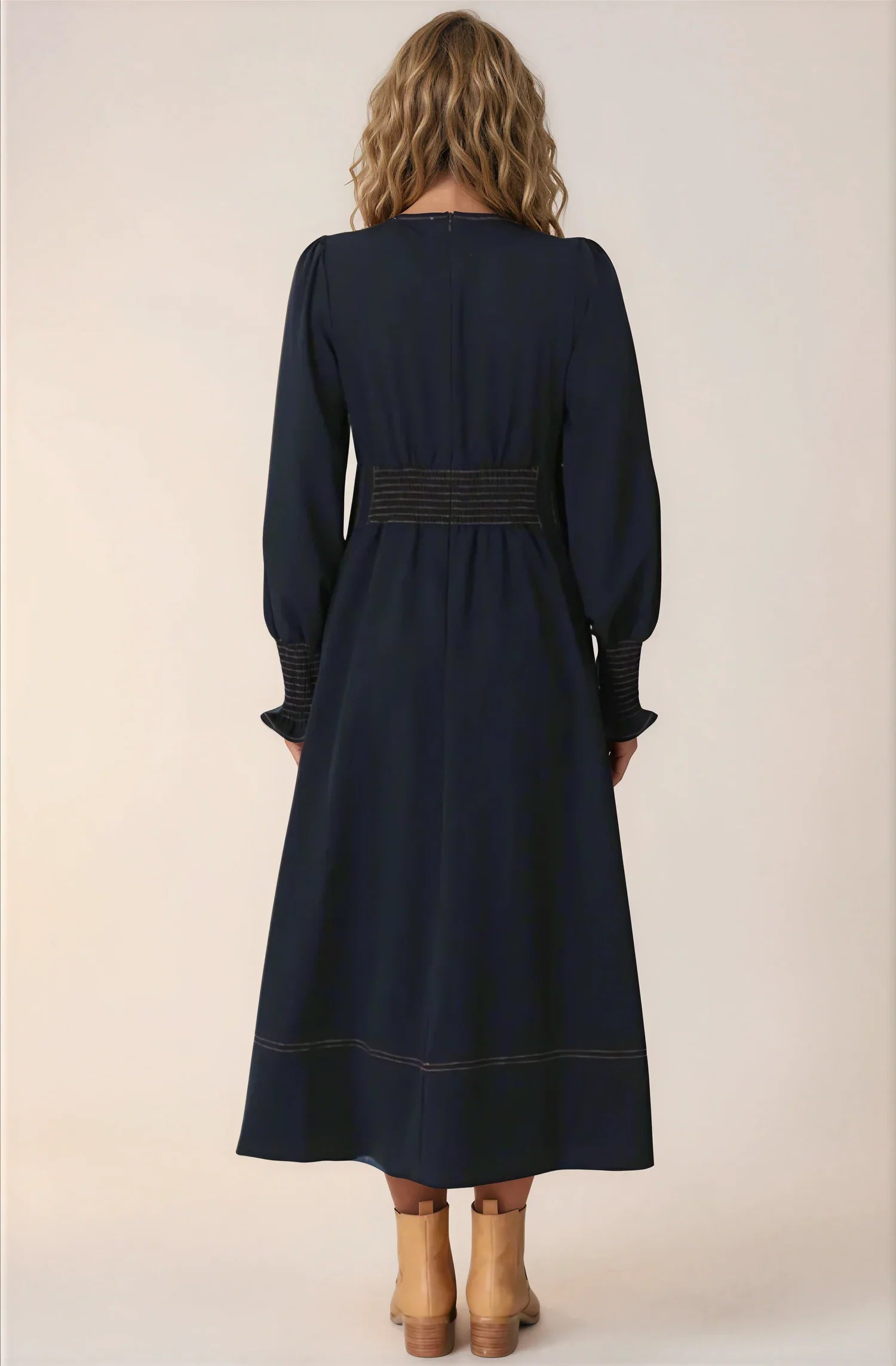 Karey Midi Dress - Dark Denim Fit and Flare Contrast Stitching Midi Dress — gallery
