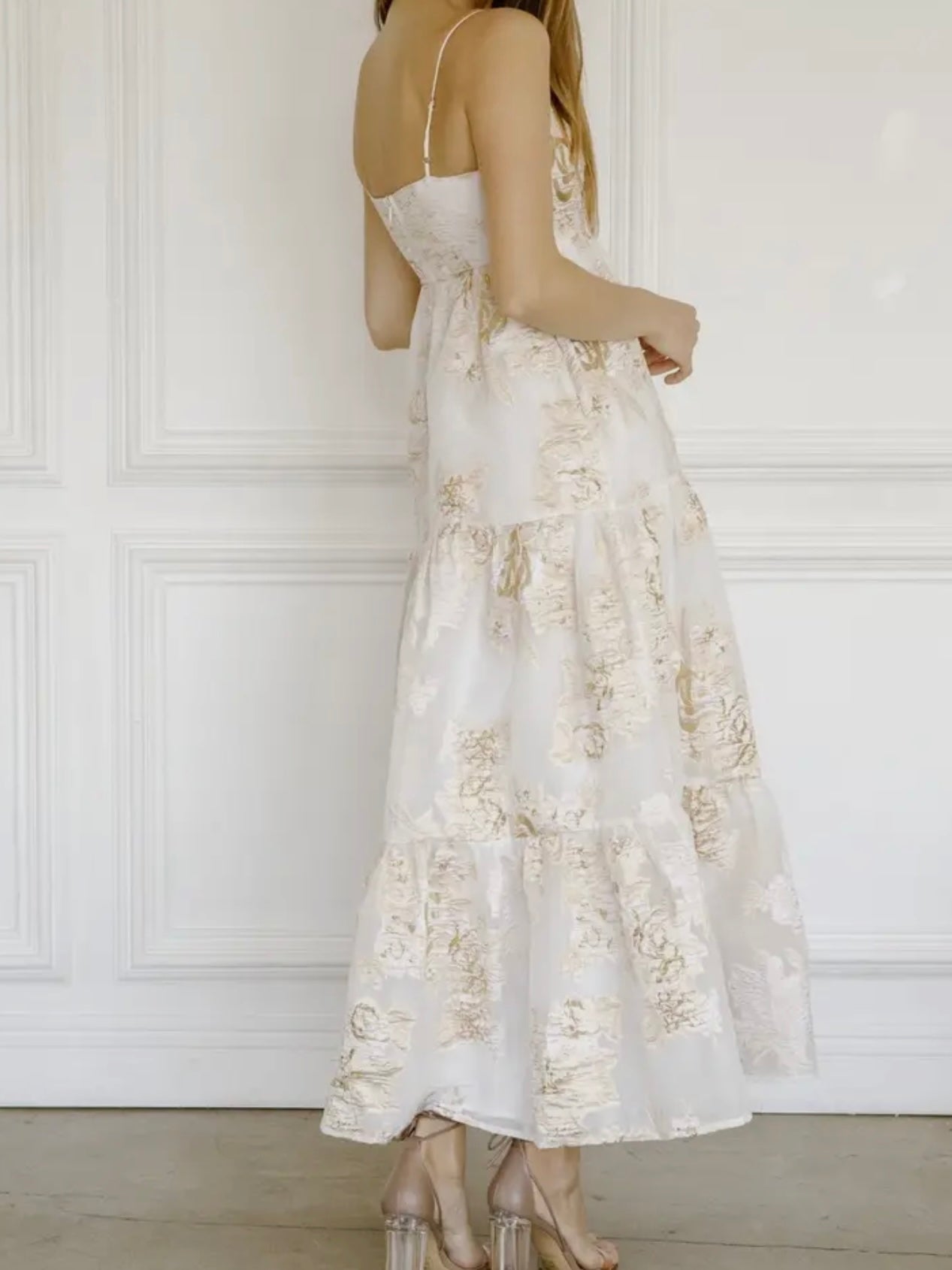 Ivory Metallic Floral Maxi Dress for Women — Tiered Side Slit - gallery