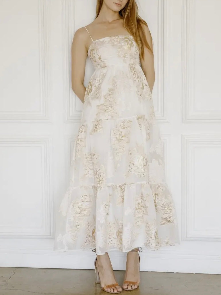 Ivory Metallic Floral Maxi Dress for Women — Tiered Side Slit