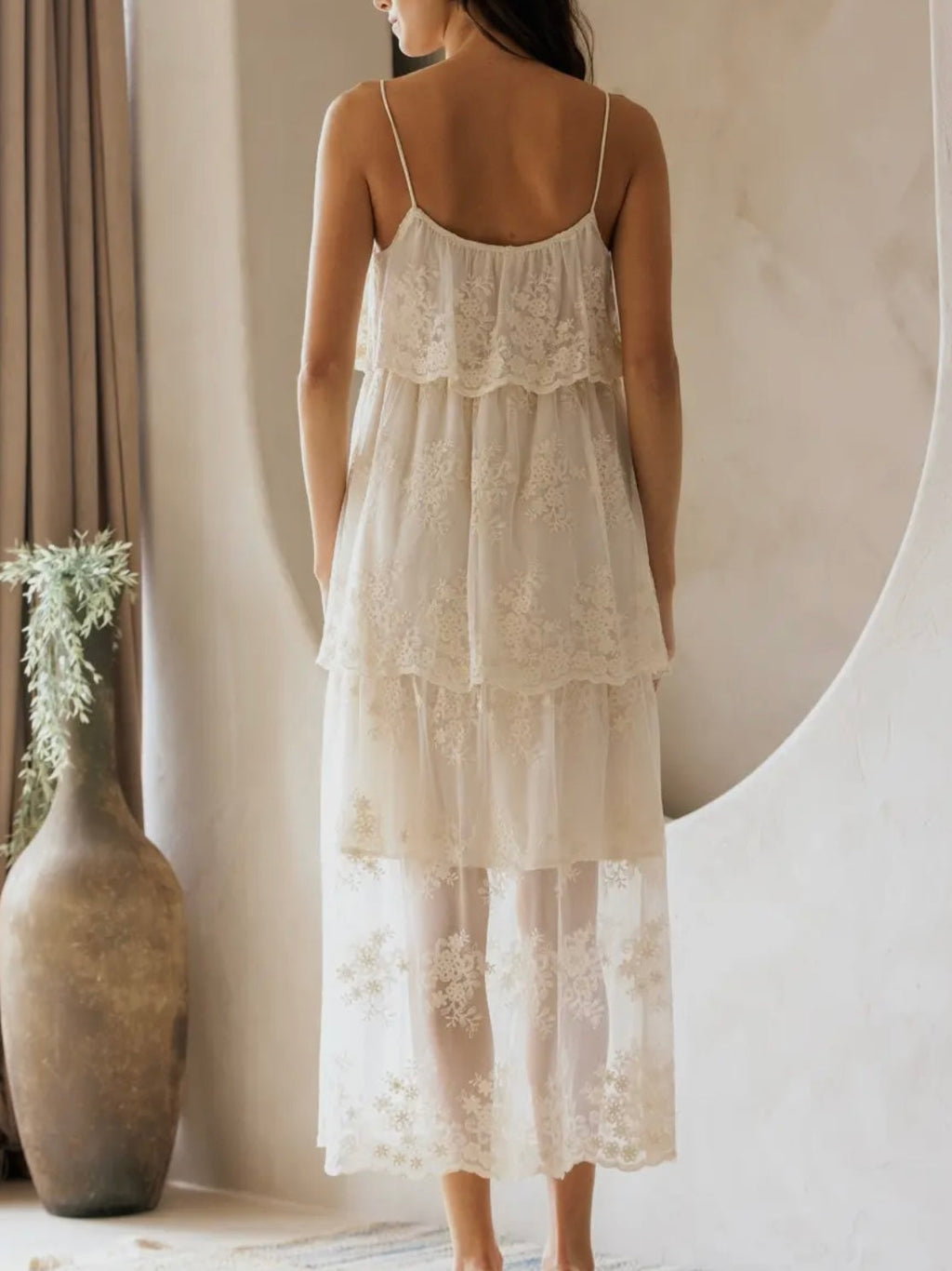 Ivory Floral Lace Midi Dress for Women — Spaghetti Straps Tiered - gallery