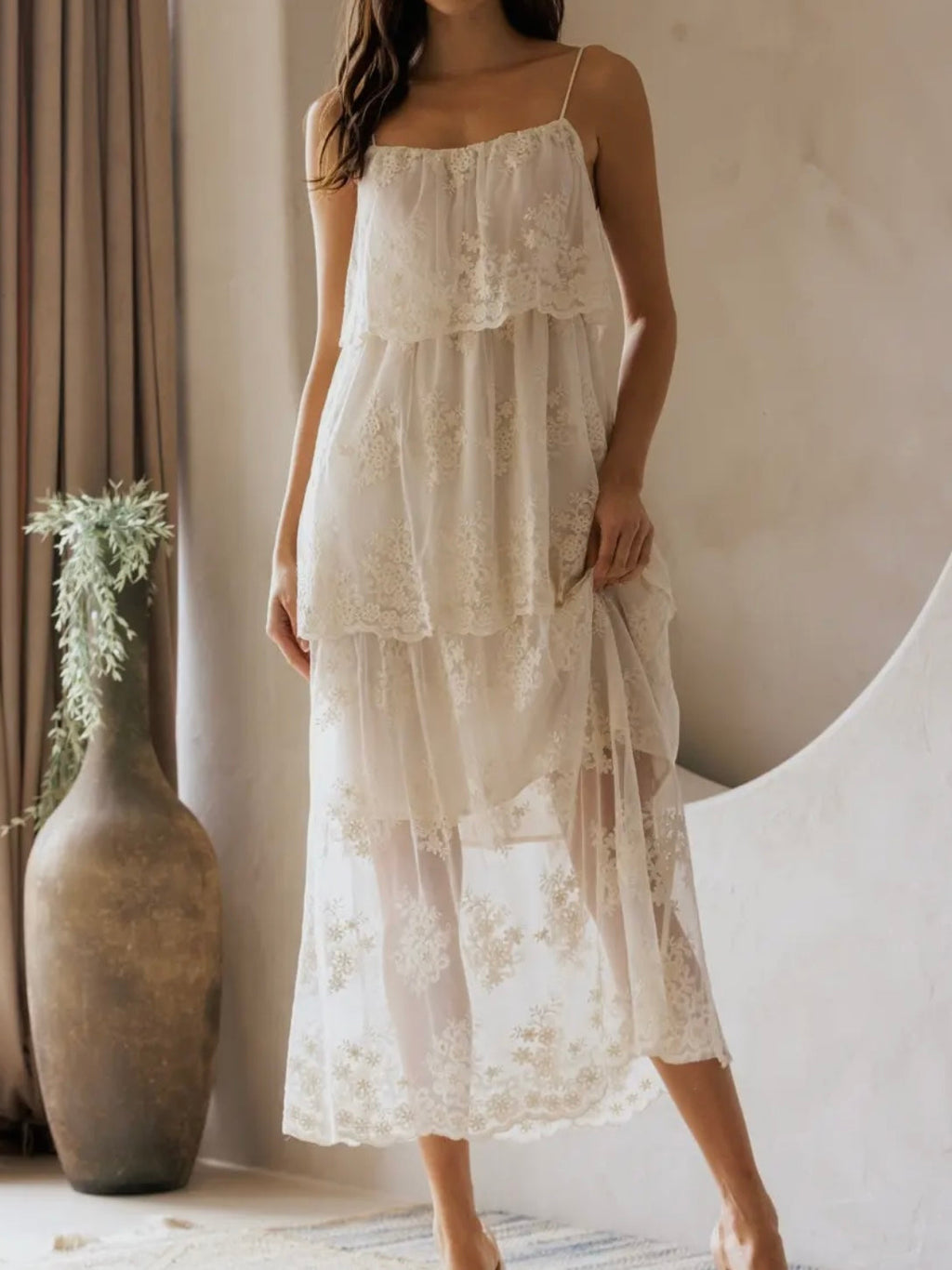 Ivory Floral Lace Midi Dress for Women — Spaghetti Straps Tiered