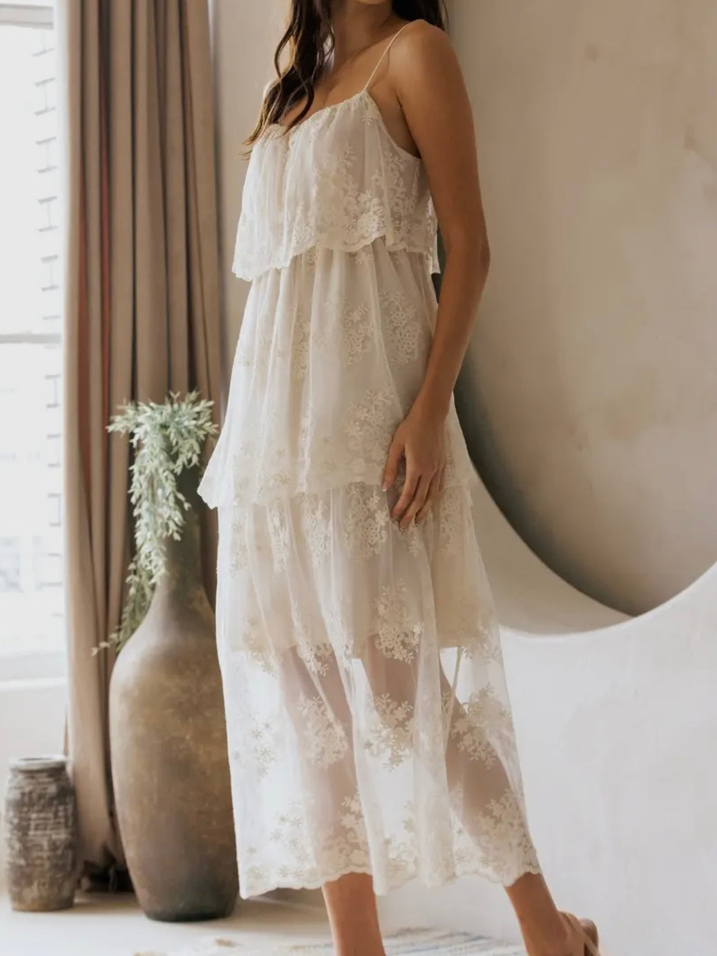 Ivory Floral Lace Midi Dress for Women — Spaghetti Straps Tiered - gallery