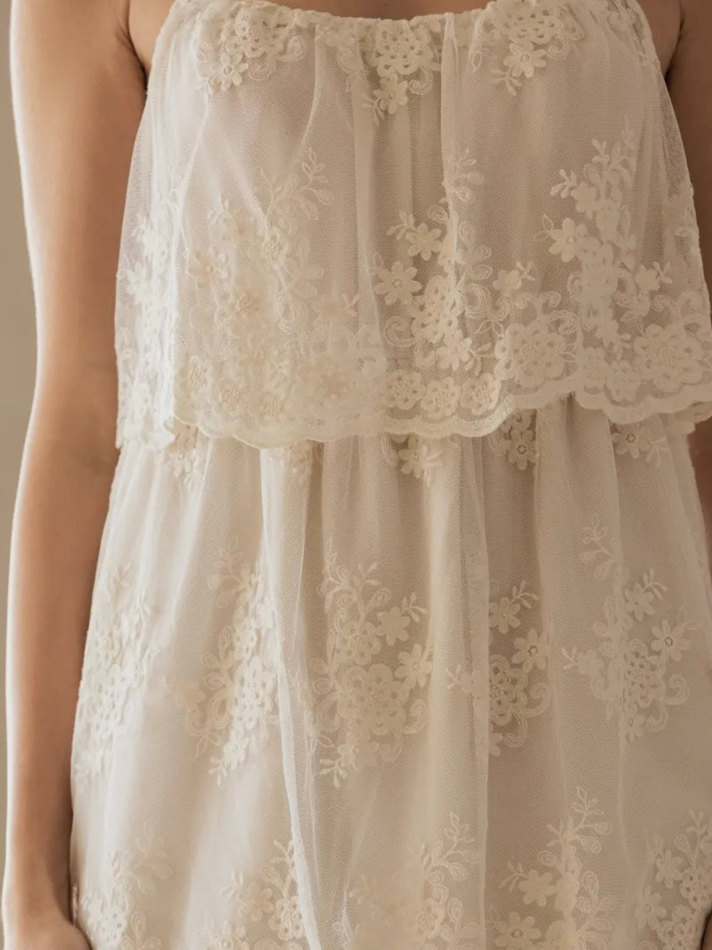 Ivory Floral Lace Midi Dress for Women — Spaghetti Straps Tiered - gallery