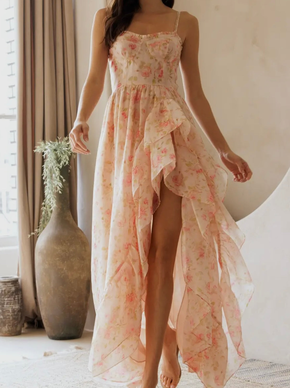 Pink Floral Ruffled Maxi Dress for Women — Spaghetti Straps