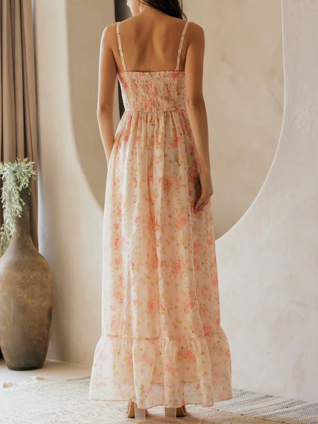 Pink Floral Ruffled Maxi Dress for Women — Spaghetti Straps - gallery
