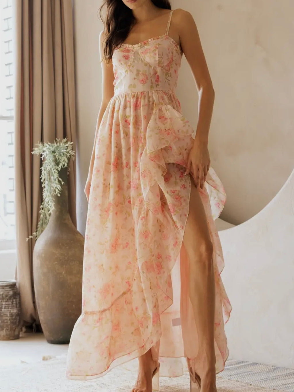 Pink Floral Ruffled Maxi Dress for Women — Spaghetti Straps - gallery