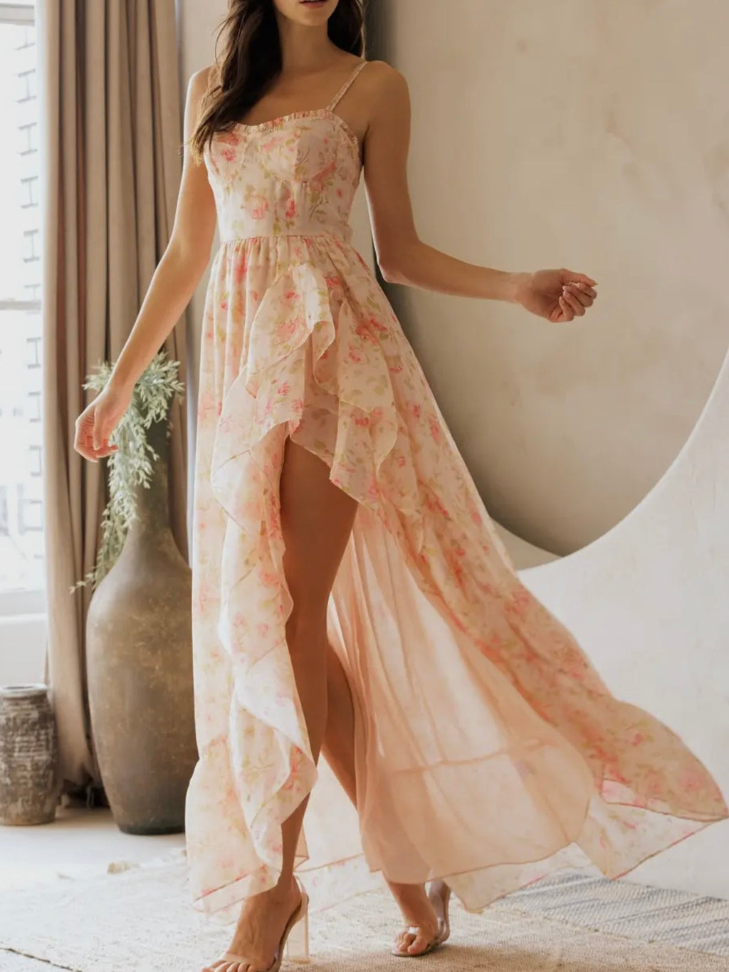 Pink Floral Ruffled Maxi Dress for Women — Spaghetti Straps - gallery