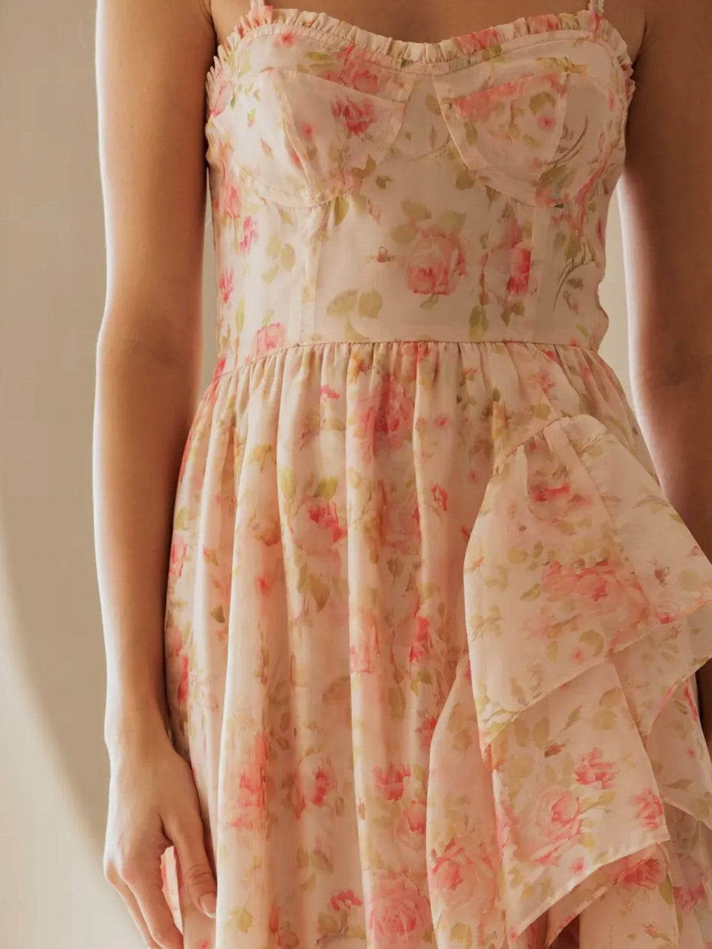 Pink Floral Ruffled Maxi Dress for Women — Spaghetti Straps - gallery
