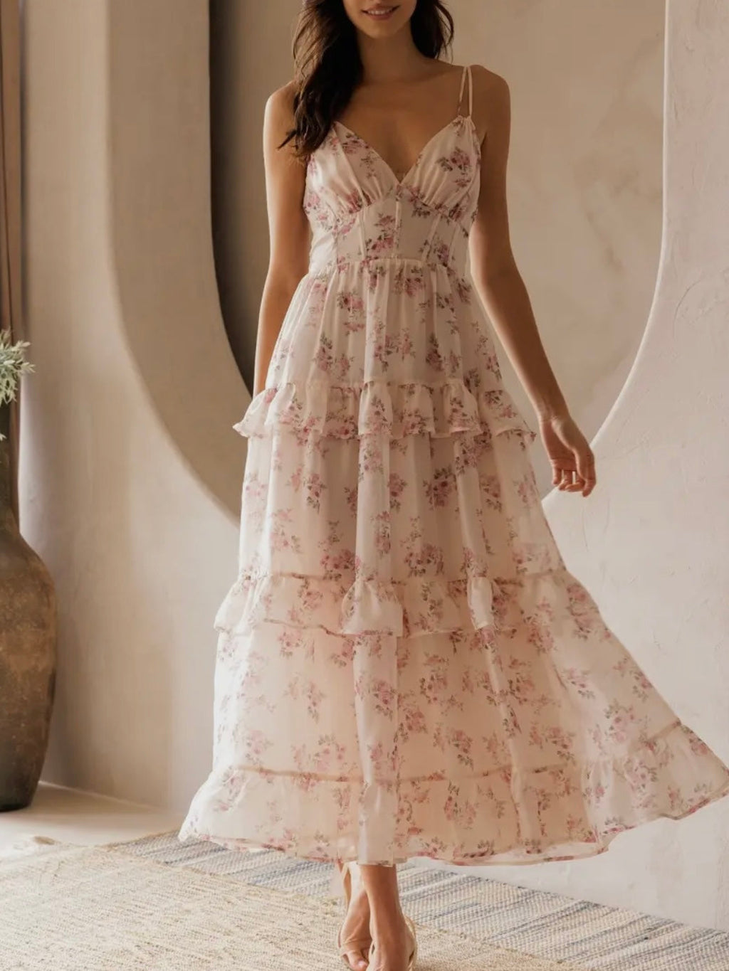 Blush Tiered Floral Midi Dress for Women — V-Neck Layers