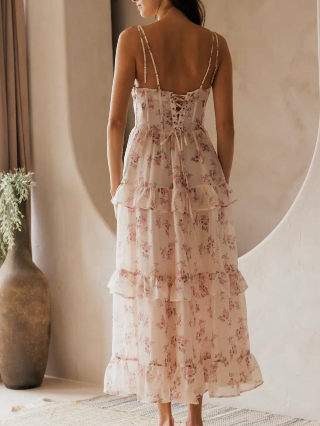 Blush Tiered Floral Midi Dress for Women — V-Neck Layers - gallery