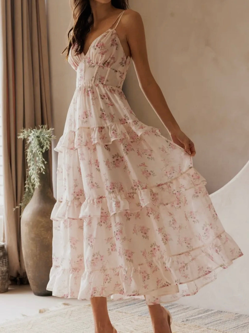Blush Tiered Floral Midi Dress for Women — V-Neck Layers - gallery